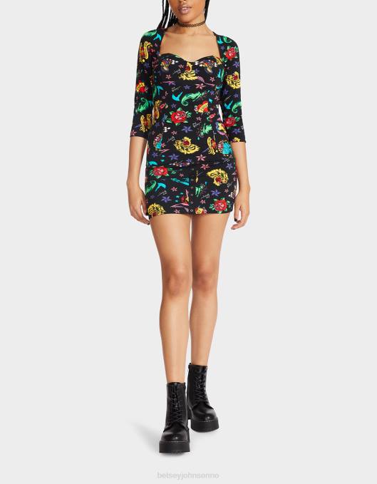 Betsey Johnson kvinner 4B8F292 klær 80th bash korsett raglan topp tatovering tatovering pri