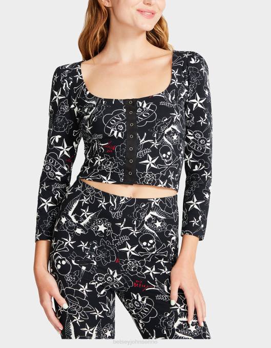 Betsey Johnson kvinner 4B8F295 klær pen i punk vintage-inspirert puff-sleeve topp tatovering skrive ut