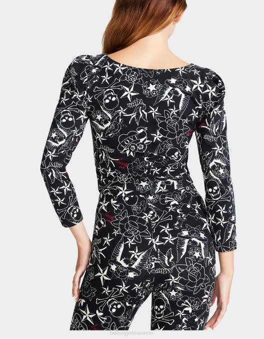 Betsey Johnson kvinner 4B8F295 klær pen i punk vintage-inspirert puff-sleeve topp tatovering skrive ut